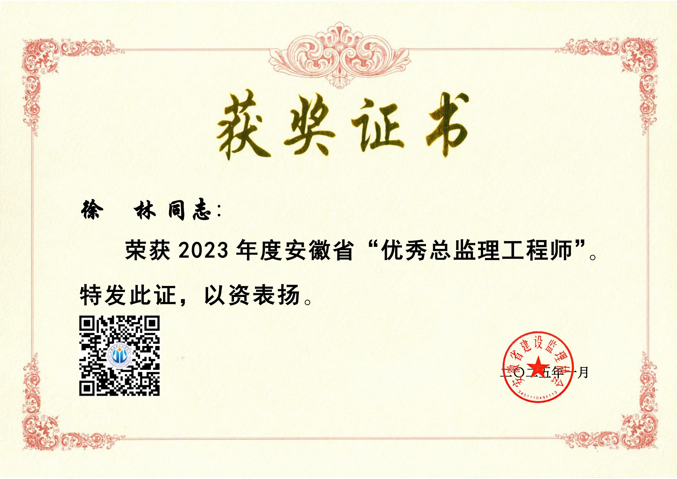 2023年度安徽省優(yōu)秀總監(jiān)理工程師---徐林